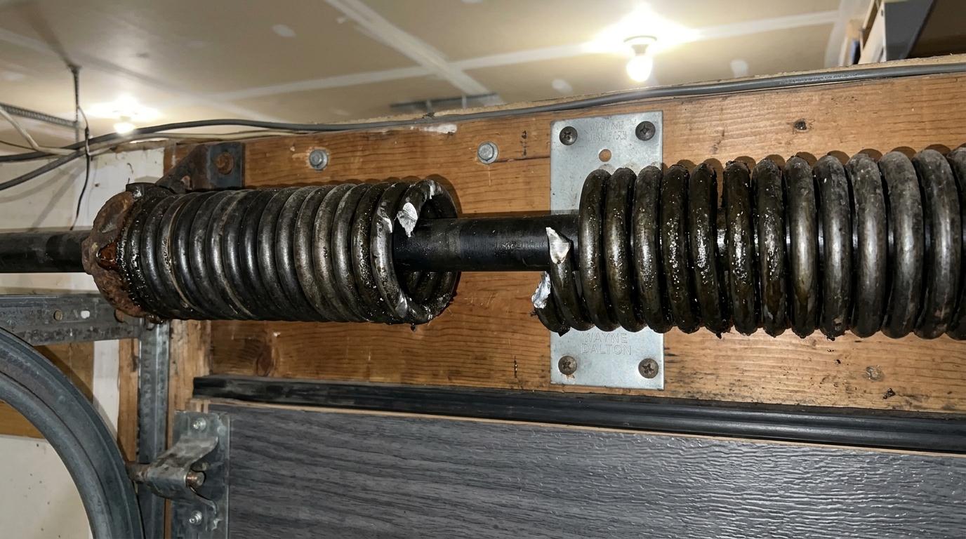 Diagnostic inspection in Bridgeport, CT: fatigued torsion spring showing 3-inch separation gap above header