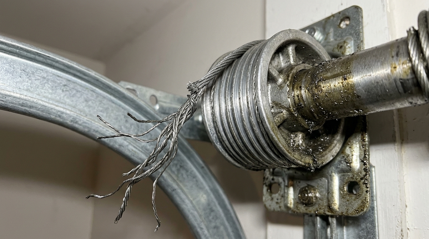 Diagnostic inspection in Concord, CA: frayed lift cable detached from aluminum drum during spring failure