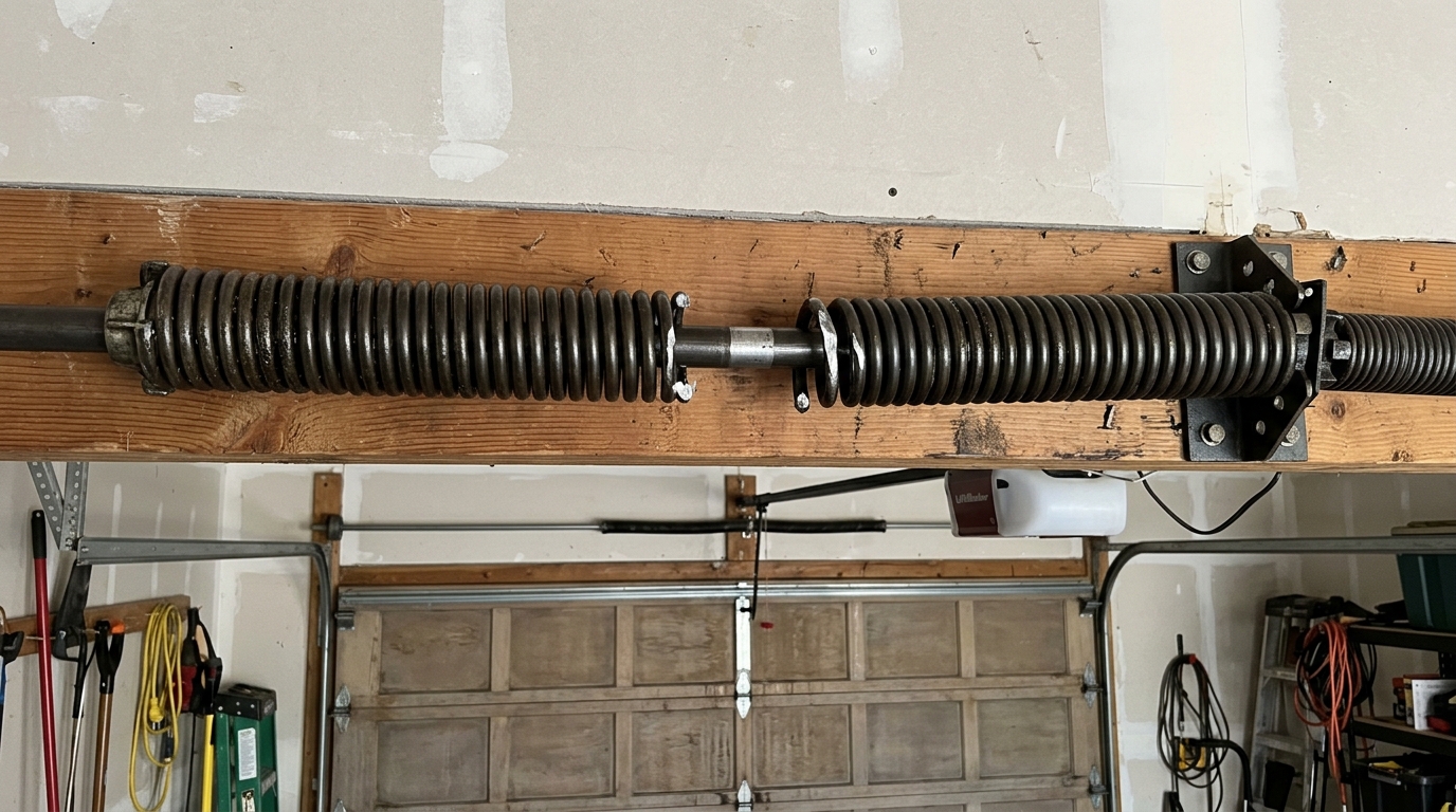Broken garage door torsion spring showing clean metal fatigue fracture