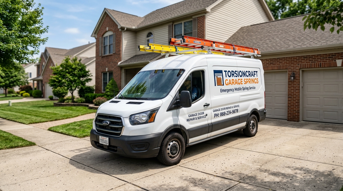 Emergency mobile service truck dispatched for trapped vehicle garage spring replacement