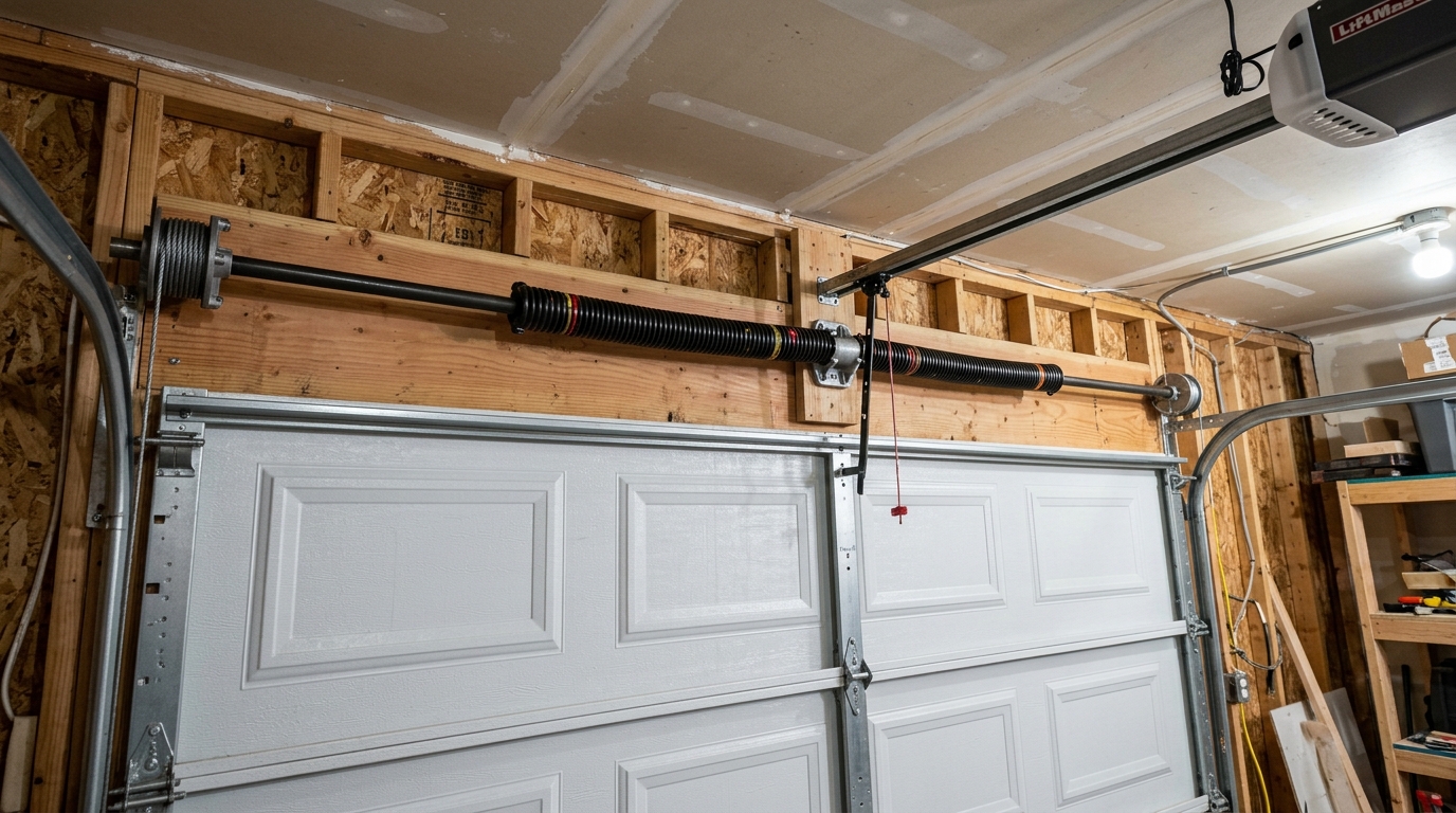 Dual high-cycle oil-tempered torsion springs installed on two-car garage door