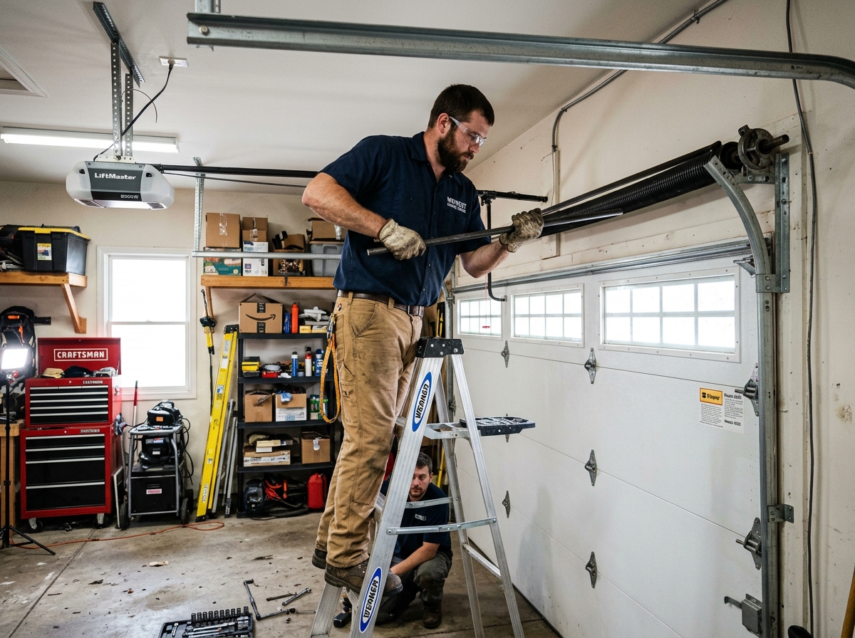 Master technician calibrating torsion spring torque using solid steel winding bars